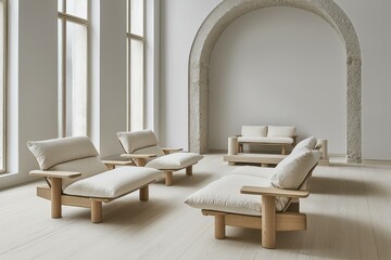 Sunlit minimalist lounge with wooden furniture and arched design