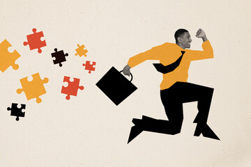 Composite collage image of funny running man puzzle solve problem businessman billboard comics zine minimal