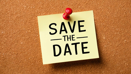 save the date word written on a note sticky on corkboard