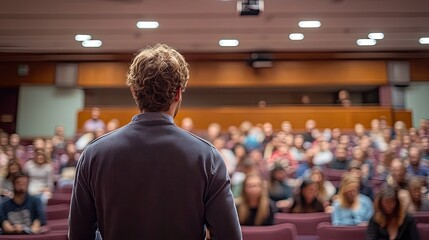 Fototapeta premium A speaker stands before a large audience. This image represents a conference, seminar, or public speaking event.