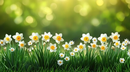 A close-up of beautiful daffodils in a field. This image is ideal for spring-themed projects, websites, and social media.