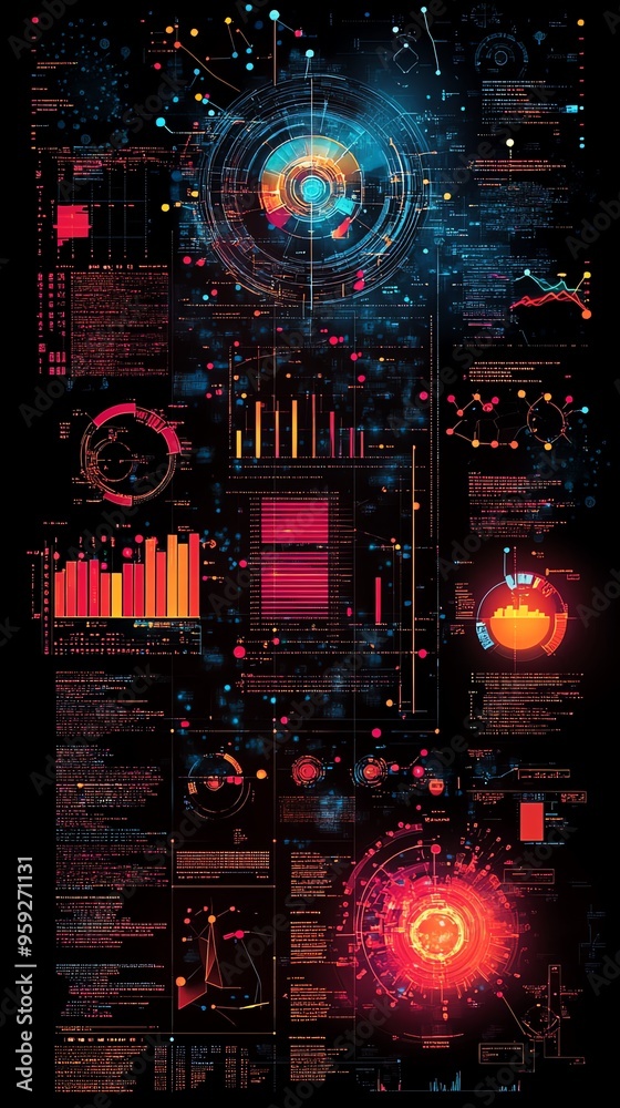 Fototapete Abstract Digital Interface with Data Visualization and Charts.