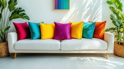 White sofa with velvet pillows in a modern living room with geometric wall art