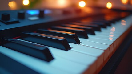 Close-Up of Electronic Piano Keys with Sharp Focus and Detail, Featuring Black Keys and White Matte Shades on a Light Background, Soft Lighting for a Calm Atmosphere, Ideal for Music Equipment Adverti