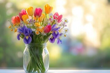 A colorful bouquet of tulips, irises, and daisies sits in a glass jar, basking in warm sunlight that enhances its vibrant hues. Generative AI © Anat art