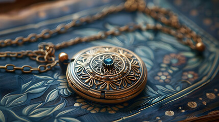 Ornate Gold Pendant with Blue Gemstone, Close-Up Photo