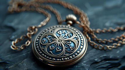 Naklejka premium Vintage Ornate Pocket Watch with Chain on Dark Blue Background - Realistic Photo
