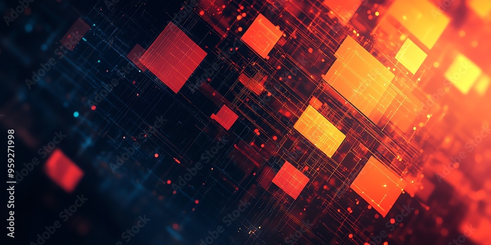 Aufkleber Abstract digital technology background with red and orange squares and lines.