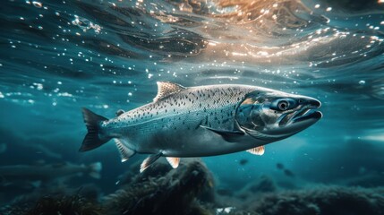 Fototapeta premium A large salmon swims underwater near the ocean floor, displaying its distinctive dark spots.
