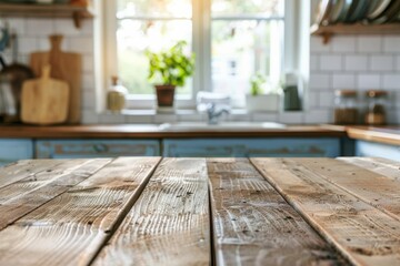 Fototapeta premium Rustic Wooden Tabletop in a Bright Kitchen