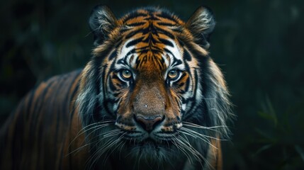 Fototapeta premium A tiger's head and upper torso are illuminated by a focused light source,