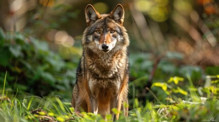 Obraz premium A wolf stands tall in the woods, its gaze directed towards something unseen.