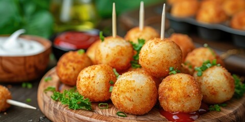 Round baked Duchess potatoes or croquettes on wooden plate with ketchup mayonnaise and food picks in background Selective Focus Focus one third into the potato balls