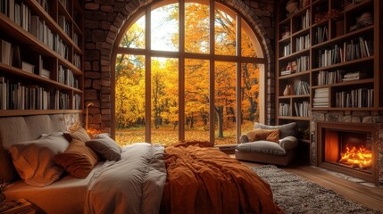 A cozy bedroom featuring a large arched window overlooks an autumn scene, complete with a well-made bed, a bookshelf, a fireplace, and comfortable furniture.