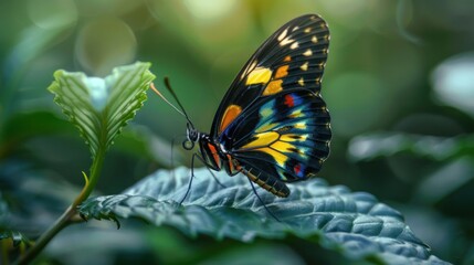 Fototapeta premium A vivid butterfly, with striking yellow and black wings, lands on a leaf,