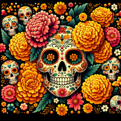 Illustration with Marigold Flowers Sugar Skulls, Day of the Dead on the Black Background