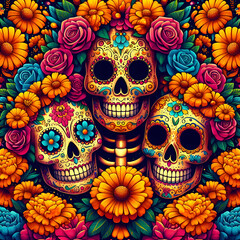 Illustration with Marigold Flowers Sugar Skulls, Day of the Dead