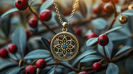 Golden Pendant with Blue Gemstone on a Branch with Red Berries - Illustration