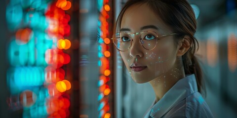 Obraz premium Female scientist analyzing data on a glowing digital interface, symbolizing innovation in technology and data science
