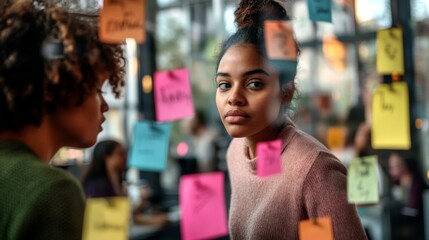 Fototapeta premium Two women in a modern cafe look at colorful sticky notes on a glass window, with one focused and thoughtful, representing ideas, collaboration, and a productive work environment.
