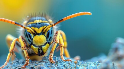 Fototapeta premium A close-up photograph of a stinging yellow and black bee on a rock.