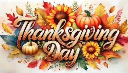 Thanksgiving Day calligraphy poster with Modern, decorative lettering - Thanksgiving Day in watercolor effect with sunflowers. autumn fall leaves. Graphic art illustration