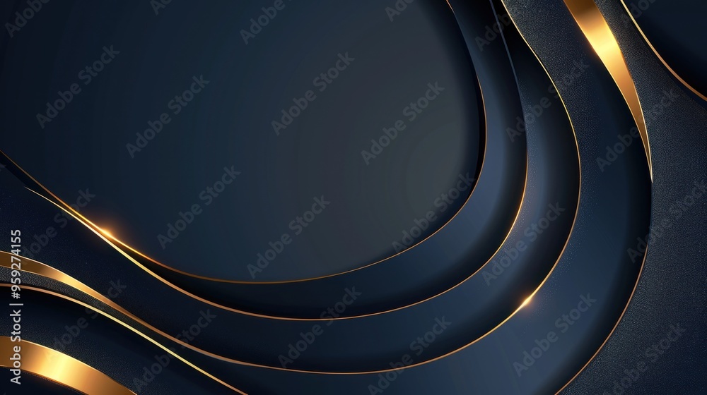 Wall mural Luxury abstract curved gold shape on dark blue background. AI generated image