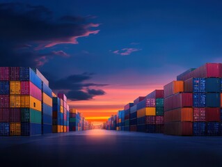 Fototapeta premium Vibrant sunset over a shipping container terminal, showcasing a colorful arrangement of containers under a dramatic sky.