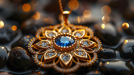 Fototapeta premium Gold Pendant with Blue Gemstone and Diamond Accents - Close-up Photo