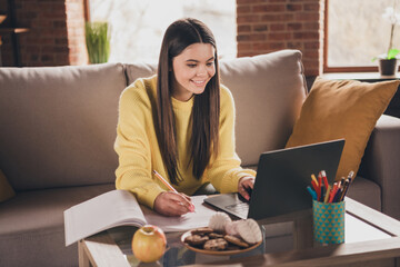 Photo portrait of teen lady sit sofa do homework netbook online lesson dressed yellow garment spend...