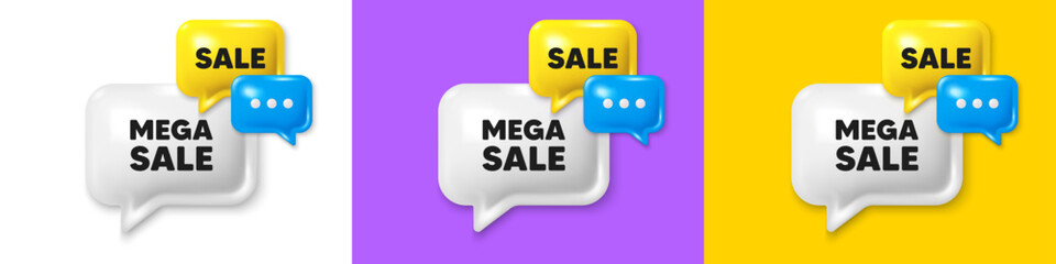 Chat speech bubble 3d icons. Mega Sale tag. Special offer price sign. Advertising Discounts symbol. Mega sale chat text box. Speech bubble banner. Offer box balloon. Vector