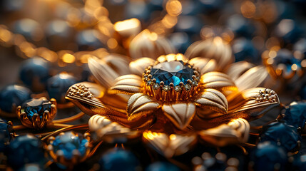 Fototapeta premium Golden Flower with Blue Gemstone Illustration