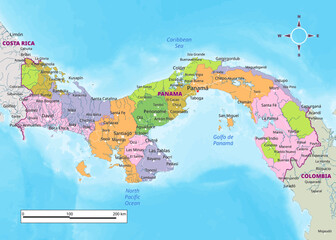 Fototapeta premium Panama political map with capital , cities, towns, national borders, rivers and lakes. labeling
