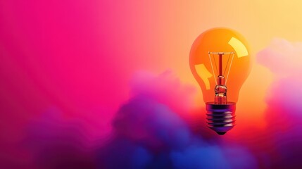 A glowing light bulb emerges from colorful mist, symbolizing creativity and innovation against a vibrant backdrop.