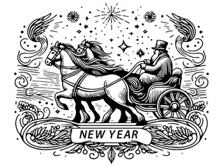 Santa Claus riding a horse-drawn carriage with New Year banner. Vector, generative ai.
