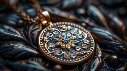 Obraz premium Closeup of a Gold Pendant with a Blue Gemstone Illustration