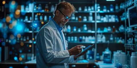 Obraz premium Scientist using a digital tablet in a laboratory filled with research equipment and chemicals, focusing on data analysis and innovation