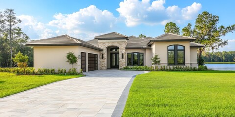 Fototapeta premium Explore this stunning, modern Miami home with a designer brick driveway, exquisite landscaping, tall palm trees, and an elegant garage door, creating a warm and welcoming appearance