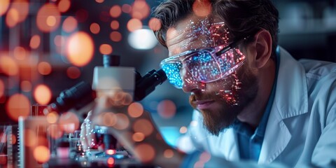 Scientist wearing futuristic augmented reality glasses while examining through a microscope, symbolizing advanced technology in scientific research