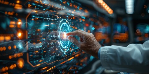 Hand interacting with a futuristic digital interface, showcasing advanced technology and data visualization