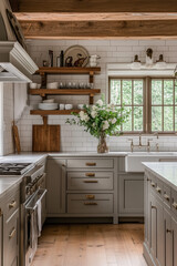 Rustic Farmhouse Kitchen with Gray-Stained Cabinets and White Marble Countertops