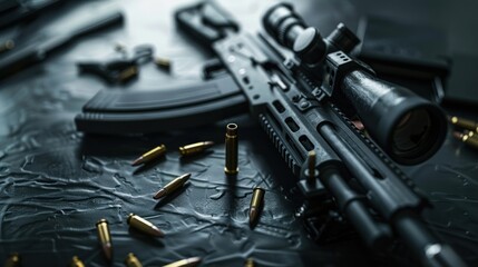 Airsoft gun equipment on dark leather floor background. AI generated image