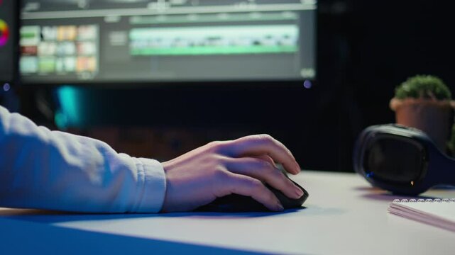 Extreme close up shot of video editor selecting key frames to use while doing video montage, working from home on computer. Woman using mouse to edit movie project footage in studio, camera B