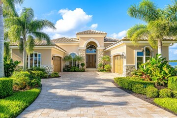 Fototapeta premium Discover a stunning modern home with a beautiful brick driveway, lush landscaping, tall palm trees, and a spacious garage. This property blends elegance and tropical charm in the heart of Miami