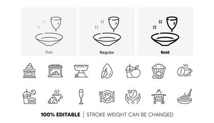 Coffee cup, Seafood and Plate line icons. Pack of Ice cream, Fast food, Market icon. Popcorn, Champagne glass, Pasta dish pictogram. Grill, Juice, Water drop. Croissant, Coffee, Gas grill. Vector