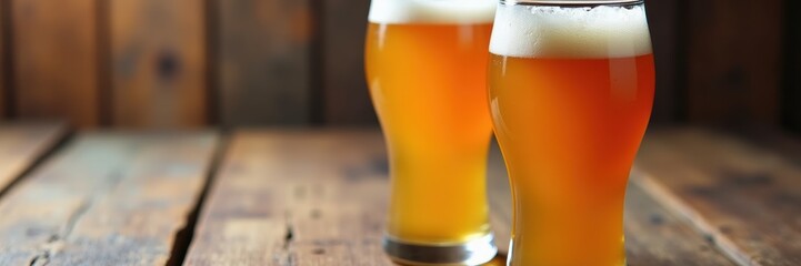 Refreshing beer served in glasses on rustic wooden table. Ideal for pub promotions, brewery marketing, and food-related content.