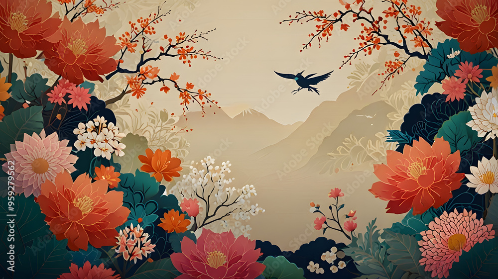 Wall mural a colorful background with flowers and traditional japanese patterns generative ai