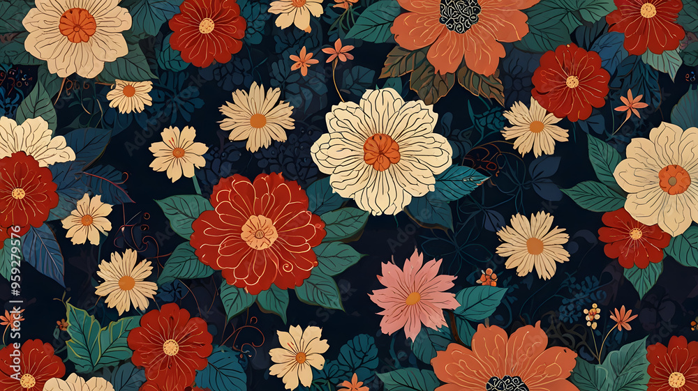 Wall mural a colorful background with flowers and traditional japanese patterns generative ai