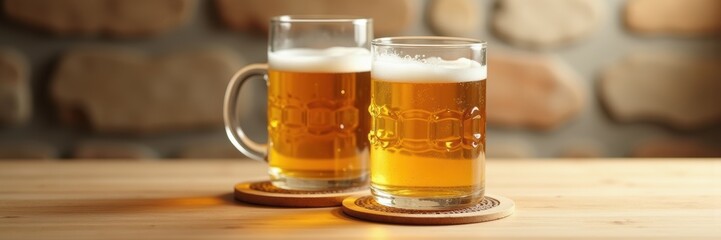 Refreshing glasses of beer, comfortably placed on wooden coasters against a rustic stone backdrop, perfect for bar, pub, or beverage-related designs.