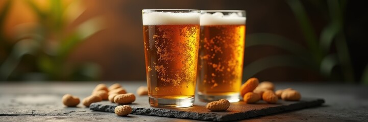 Refreshing golden beer in two glasses, complemented by crunchy snacks, perfect for social occasions and gatherings.